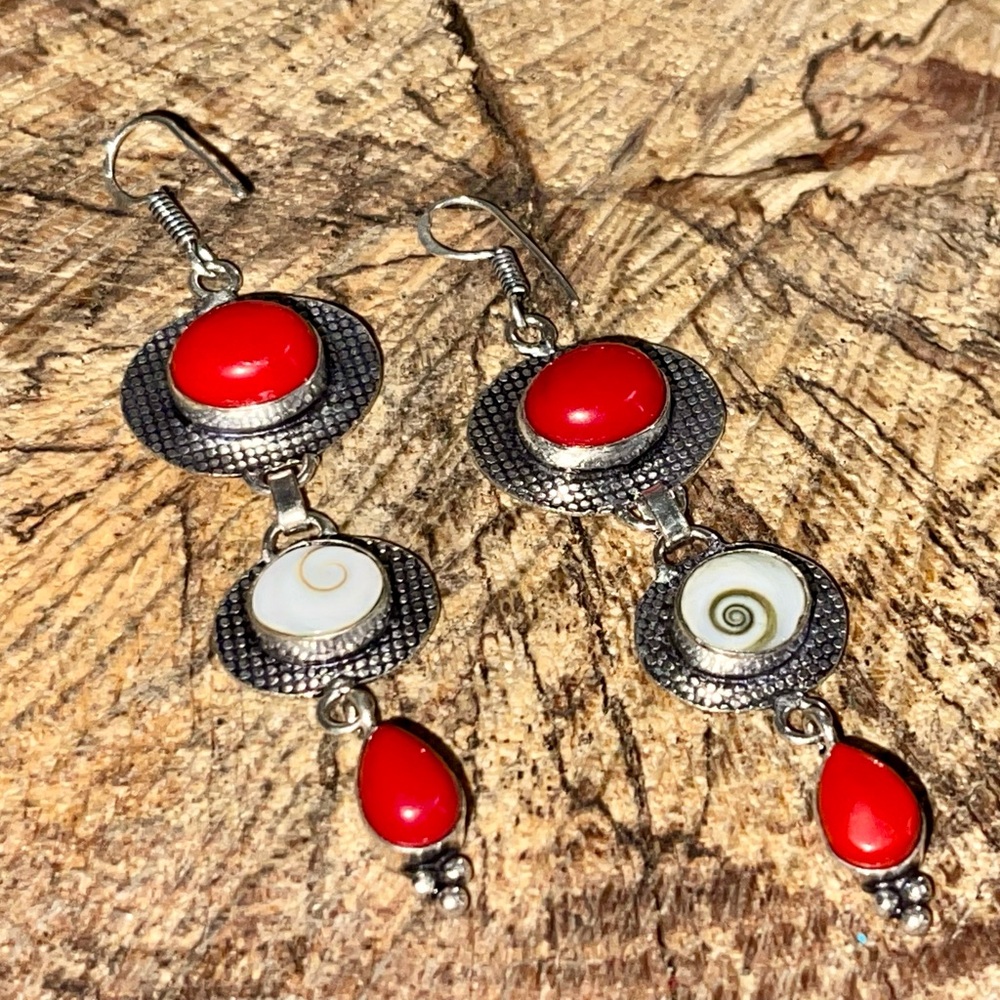Red Onyx & Shiva Eye Shell Earrings 2 1/2”
